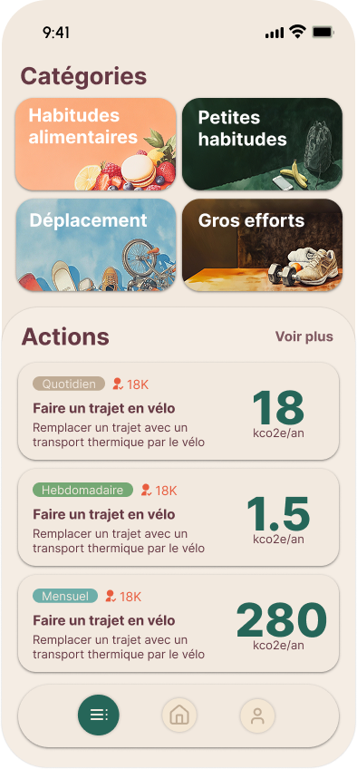 Tupi app Actions screen showing daily eco-challenges and carbon tracking features